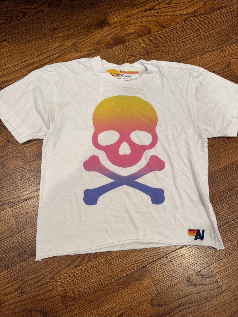 Aviator Nation White Tee with Yellow-Pink-Blue Gradient Skull